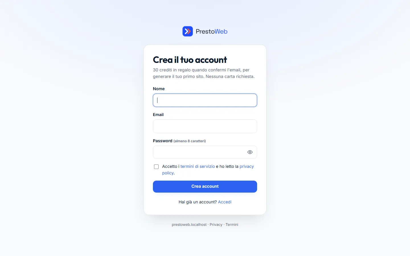 Pagina di registrazione