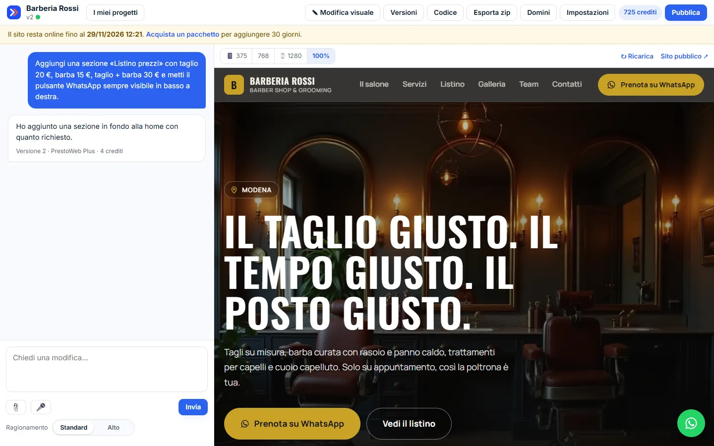 Editor con chat a sinistra e anteprima a destra