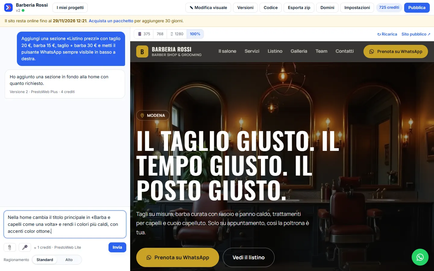 Casella della chat con la stima dei crediti