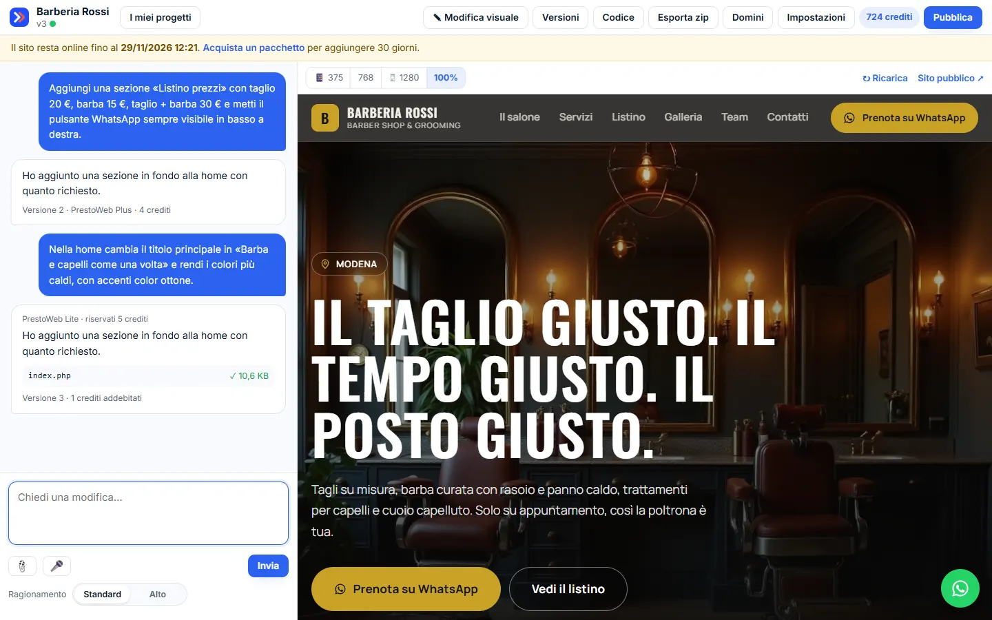 Risposta completata con file modificato e crediti addebitati