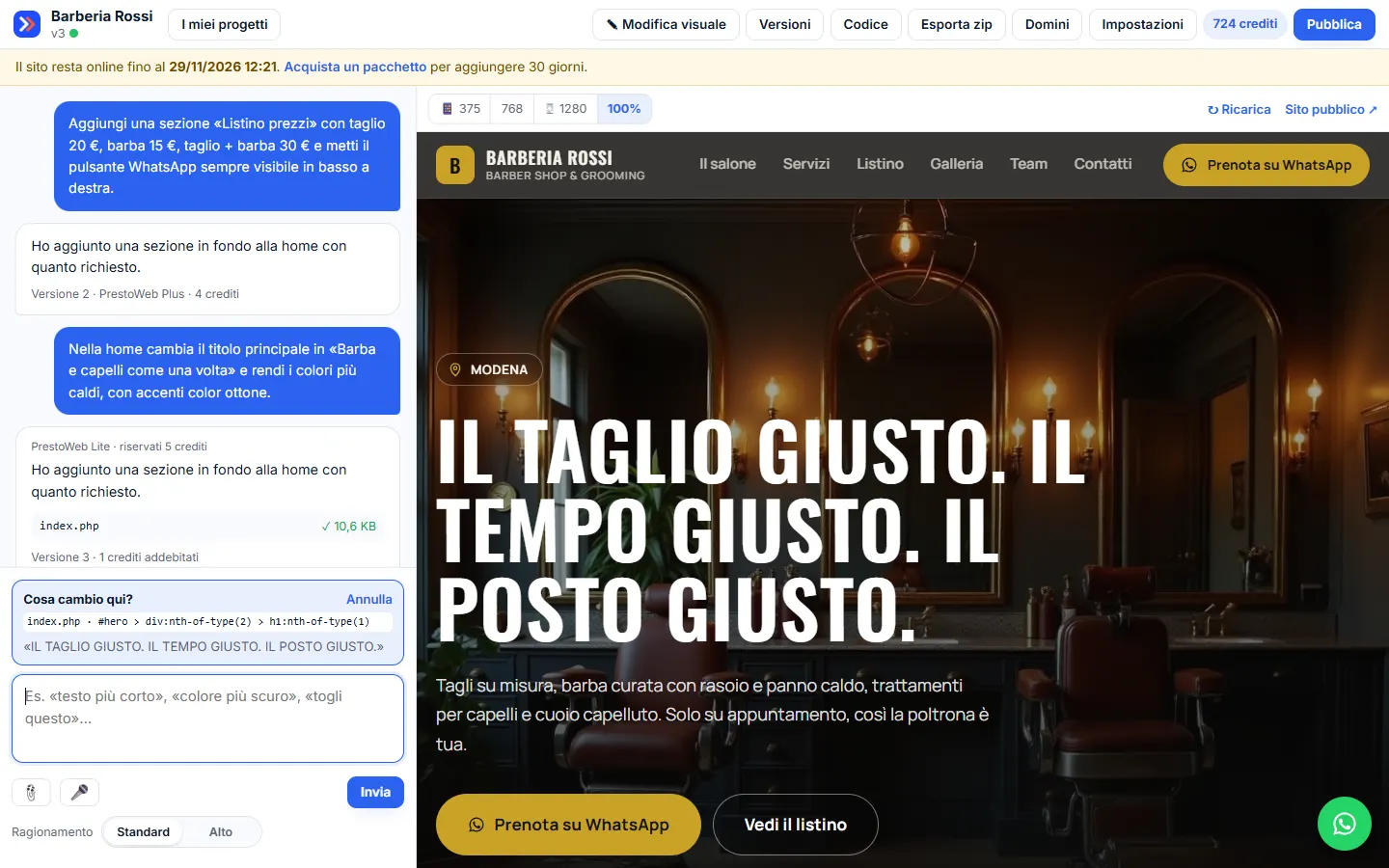 Riquadro Cosa cambio qui con l'elemento selezionato