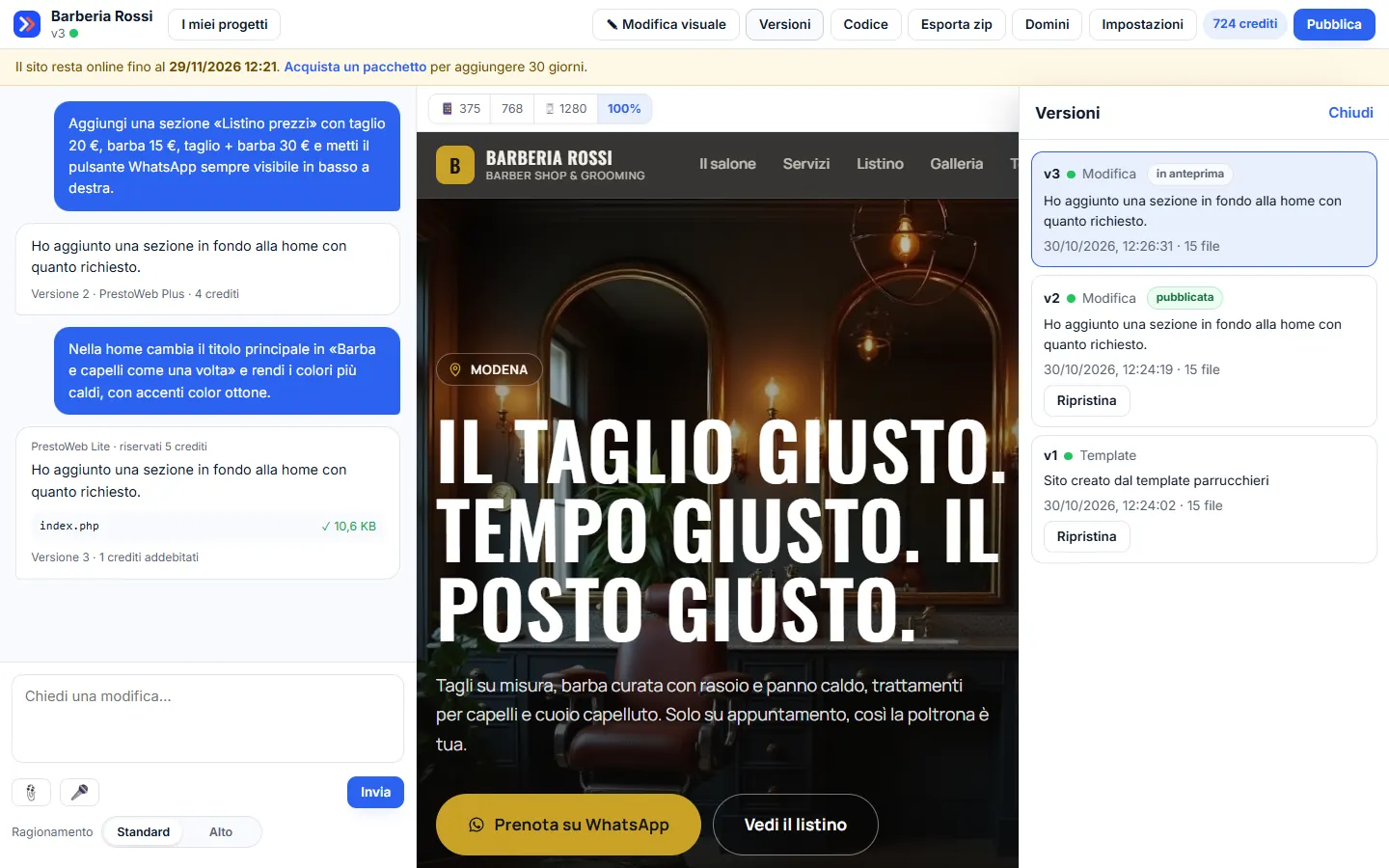 Pannello Versioni