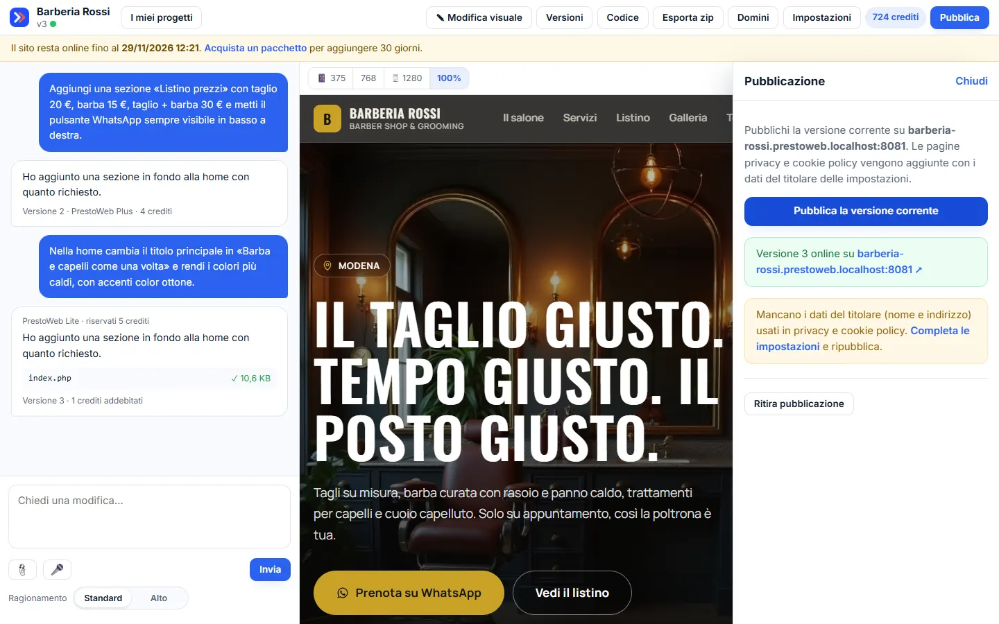 Conferma di pubblicazione con avviso sui dati del titolare