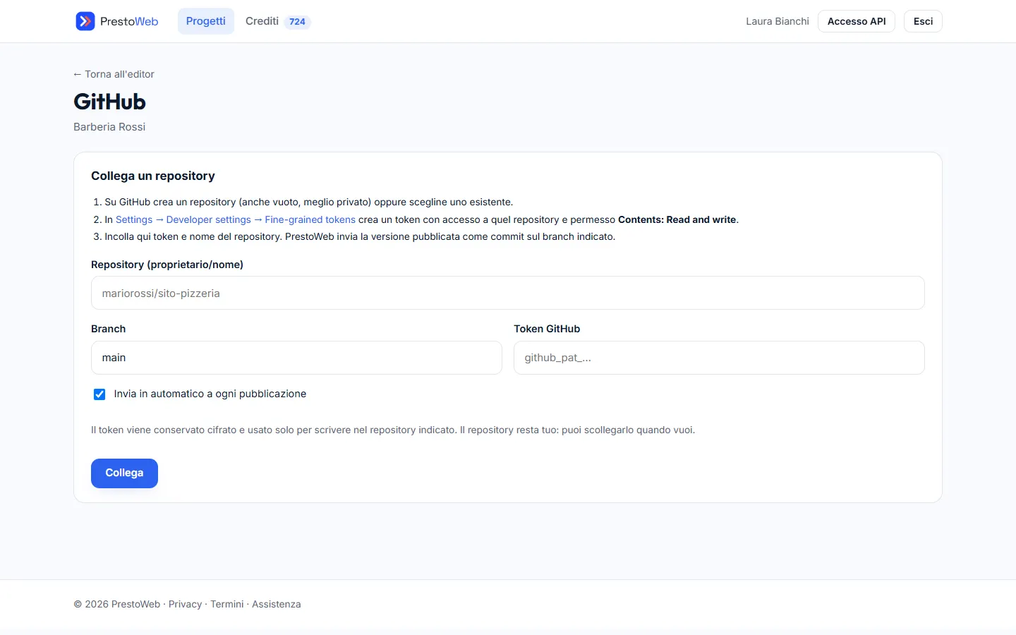 Pagina di collegamento a GitHub