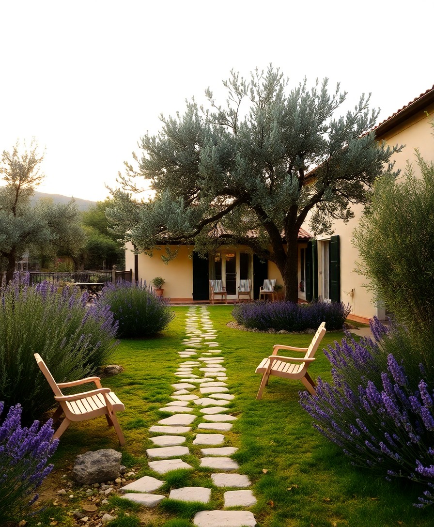 Il giardino: Ulivi, lavanda e sdraio