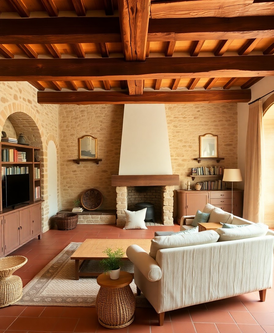 Soggiorno del casale con travi a vista e camino