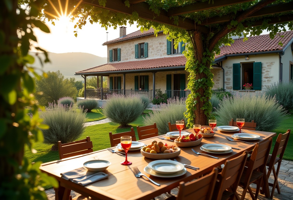 Casale in pietra con pergolato e tavola apparecchiata per la colazione