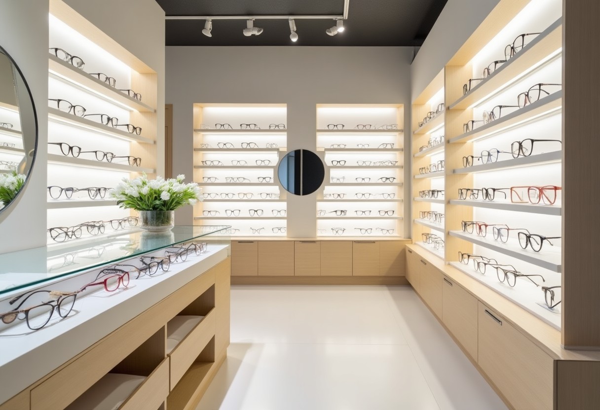 Negozio di ottica con montature esposte su pareti illuminate