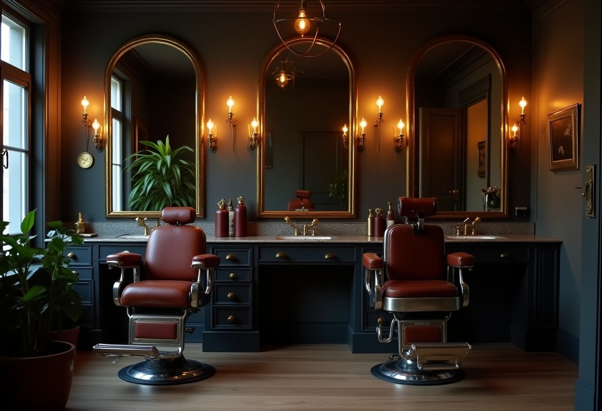 Interno del salone con poltrone in pelle e specchi illuminati